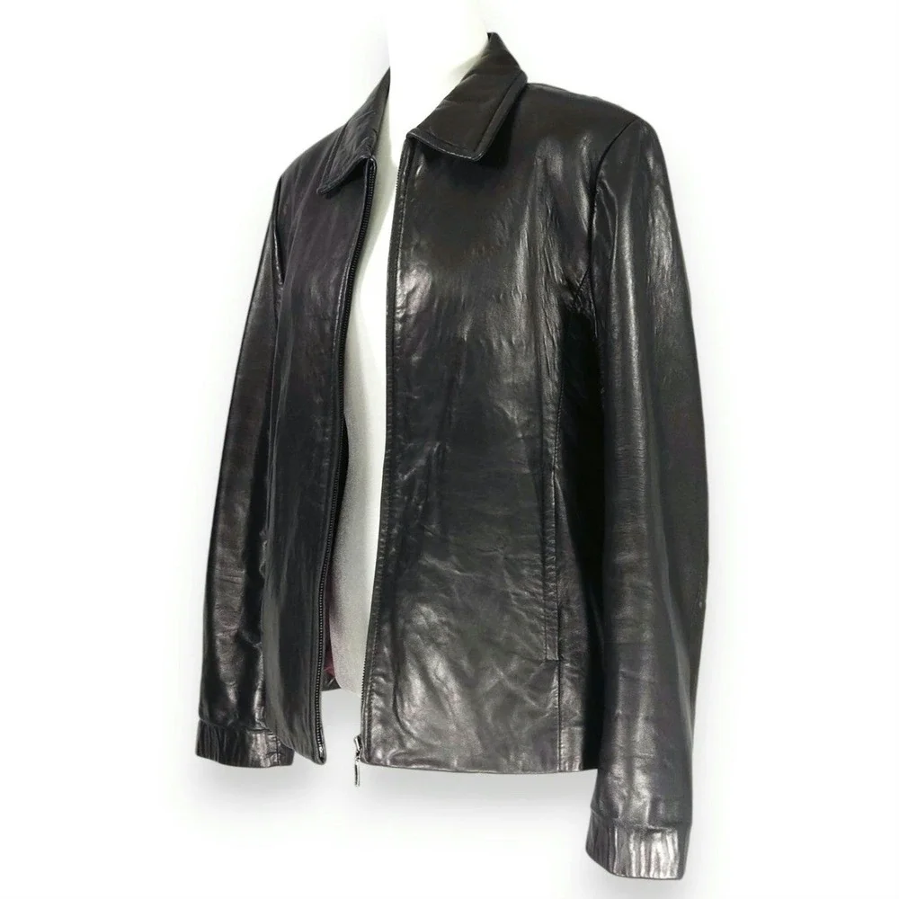 Adler Collection Lambskin Leather Jacket Zip Front Point Collar Black XL